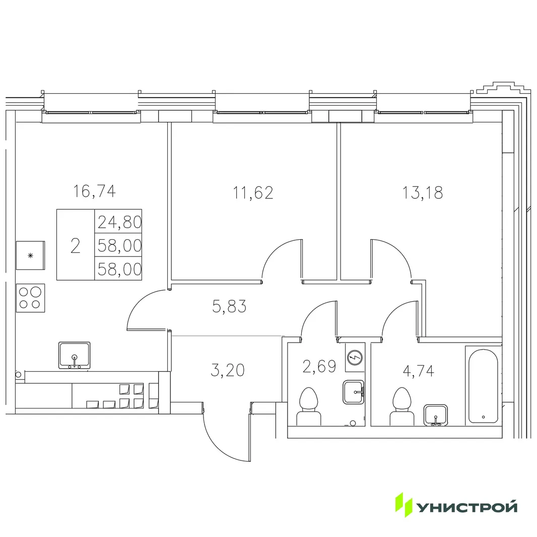 Планировка 2-комн. квартира, 58 м² ЖК «Statum»