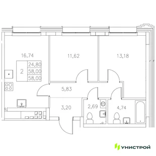 Планировка 2-комн. квартира, 58 м² ЖК «Statum»