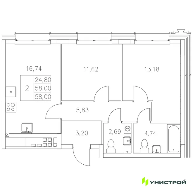 Планировка 2-комн. квартира, 58 м² ЖК «Statum» Планировка 2-комн. квартира, 58 м² ЖК «Statum»