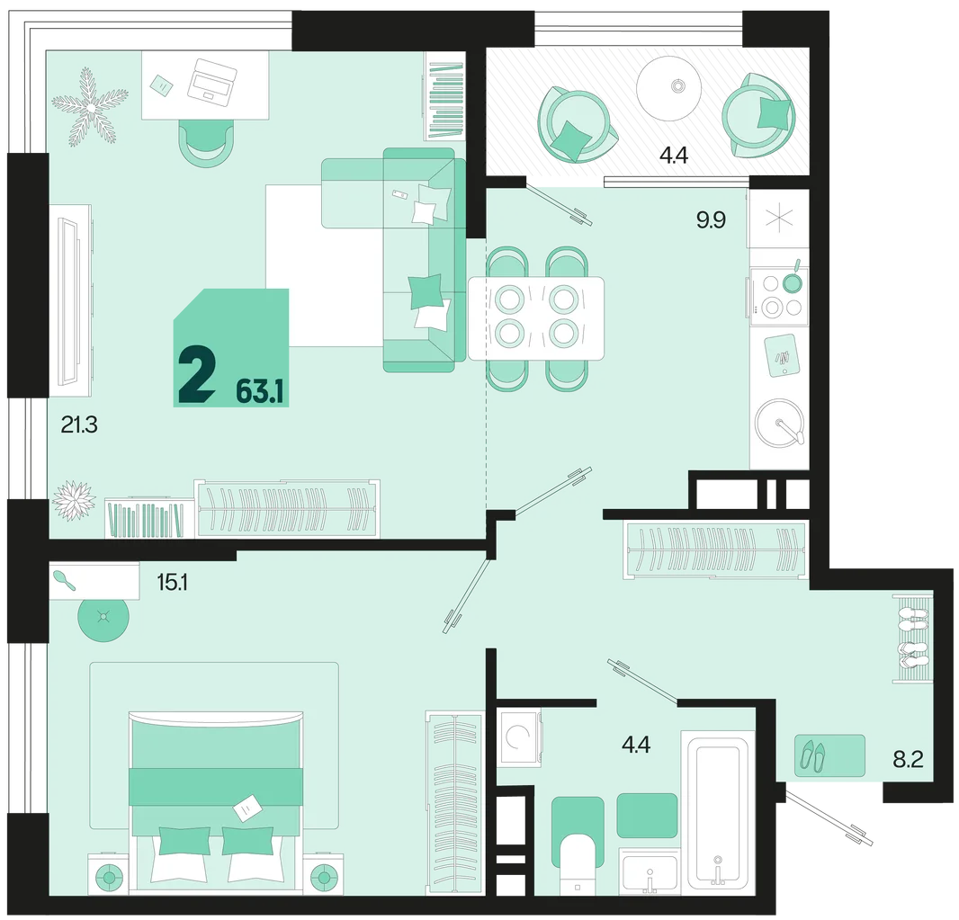 Планировка 2-комн. квартира, 63.1 м² ЖК «Первое место»