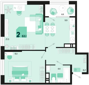 Планировка 2-комн. квартира, 63.1 м² ЖК «Первое место»