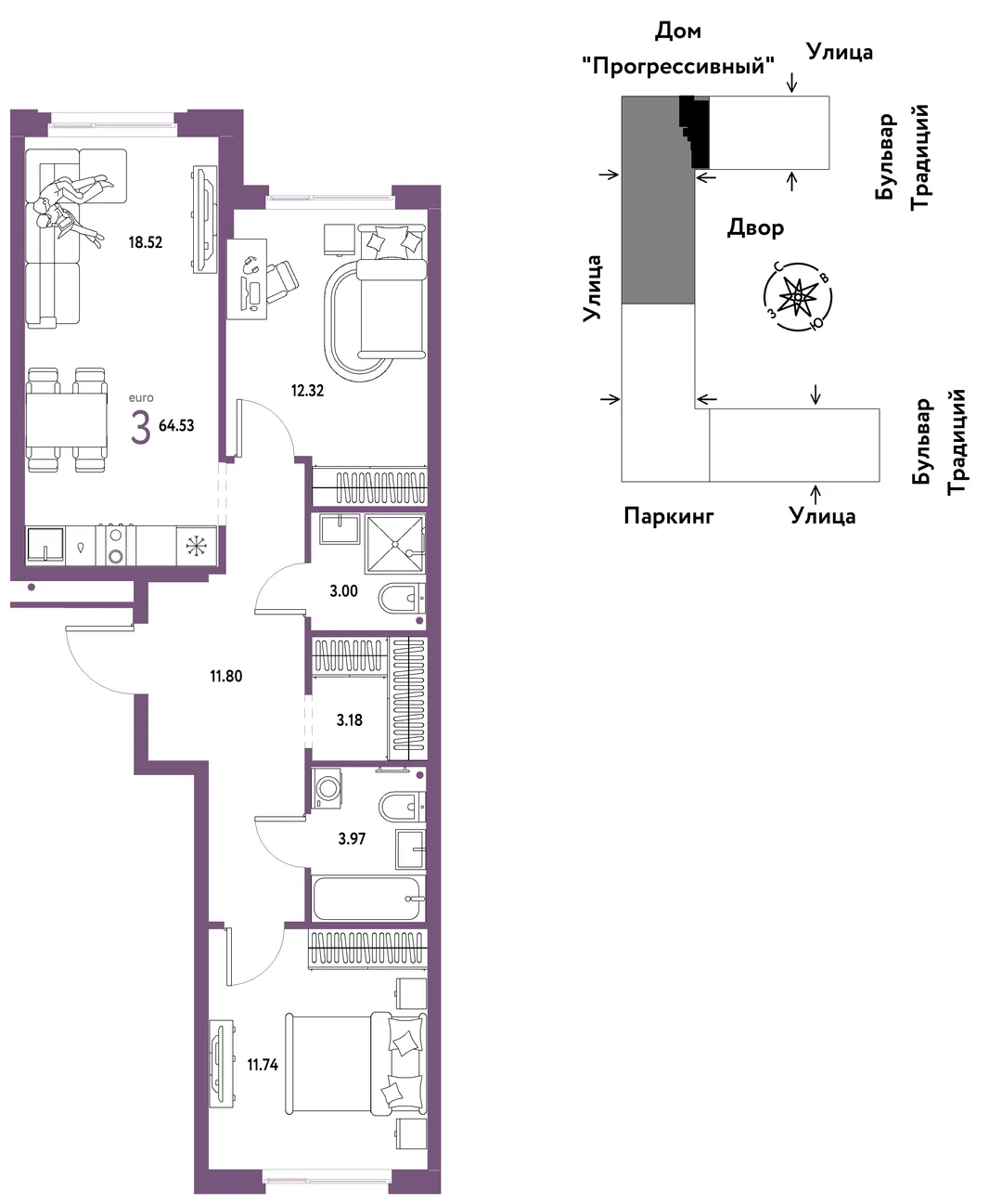 Планировка 3-комн. квартира, 64.53 м² ЖК «Микрорайон Домашний»