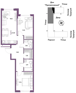 Планировка 3-комн. квартира, 64.53 м² ЖК «Микрорайон Домашний»