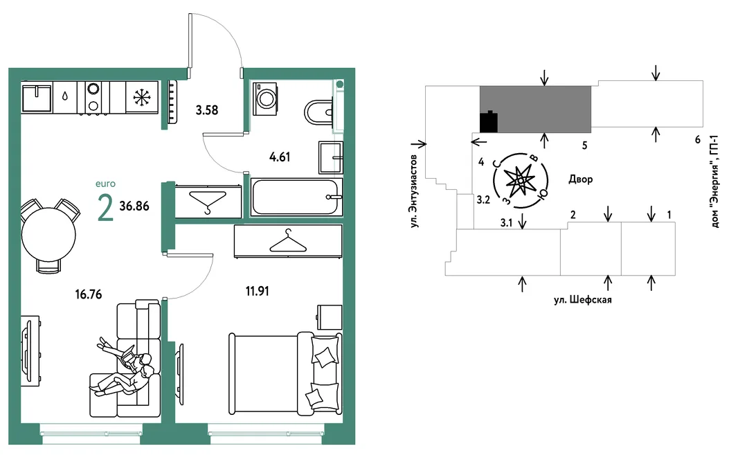 Планировка 2-комн. квартира, 36.86 м² ЖК «Страна.Энтузиастов»