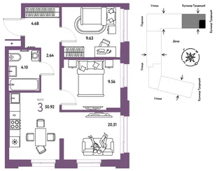 Планировка 3-комн. квартира, 50.92 м² ЖК «Микрорайон Домашний»