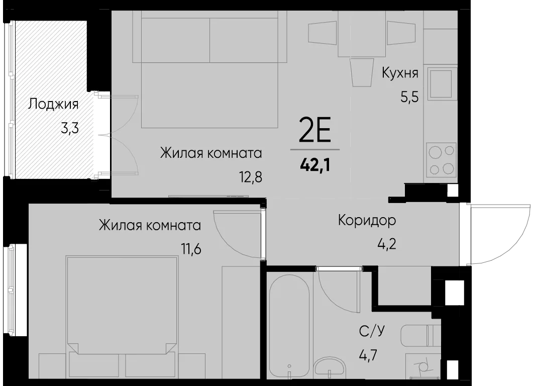 Планировка 2-комн. квартира, 42.1 м² ЖК «Васильевский остров»