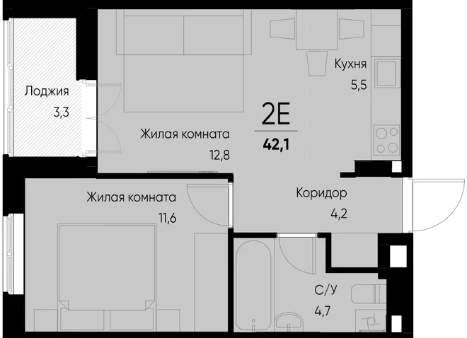 Планировка 2-комн. квартира, 42.1 м² ЖК «Васильевский остров» Планировка 2-комн. квартира, 42.1 м² ЖК «Васильевский остров»