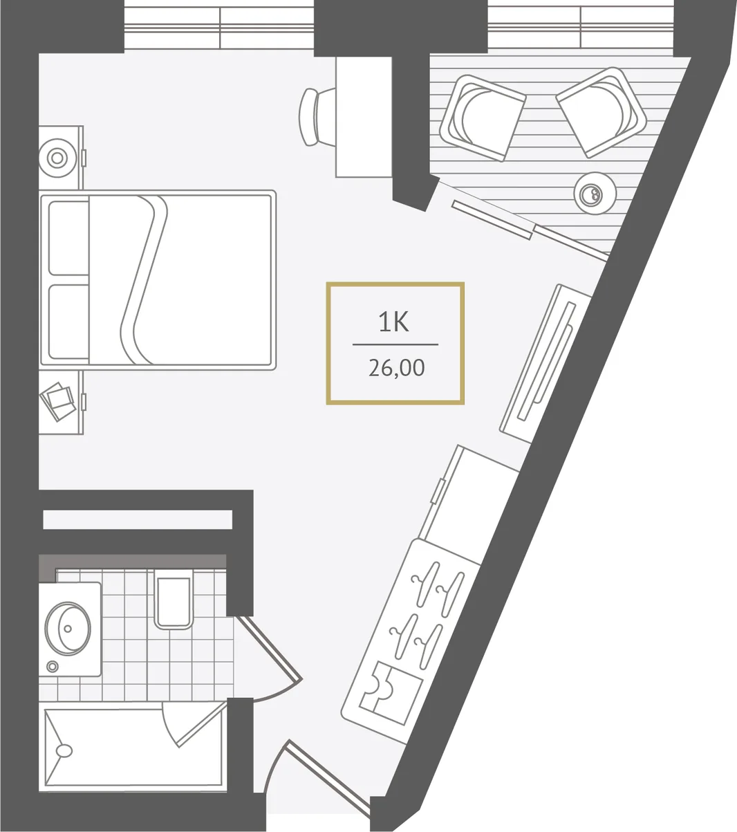 Планировка 1-комн. квартира, 26.4 м² ЖК «Гостиничный комплекс Greenmont»