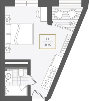 Планировка 1-комн. квартира, 26.4 м² ЖК «Гостиничный комплекс Greenmont»