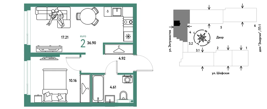 Планировка 2-комн. квартира, 36.9 м² ЖК «Страна.Энтузиастов»