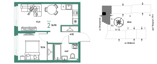 Планировка 2-комн. квартира, 36.9 м² ЖК «Страна.Энтузиастов» Планировка 2-комн. квартира, 36.9 м² ЖК «Страна.Энтузиастов»