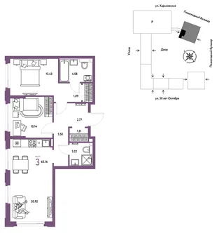Планировка 3-комн. квартира, 63.16 м² ЖК «Сердце Сибири»