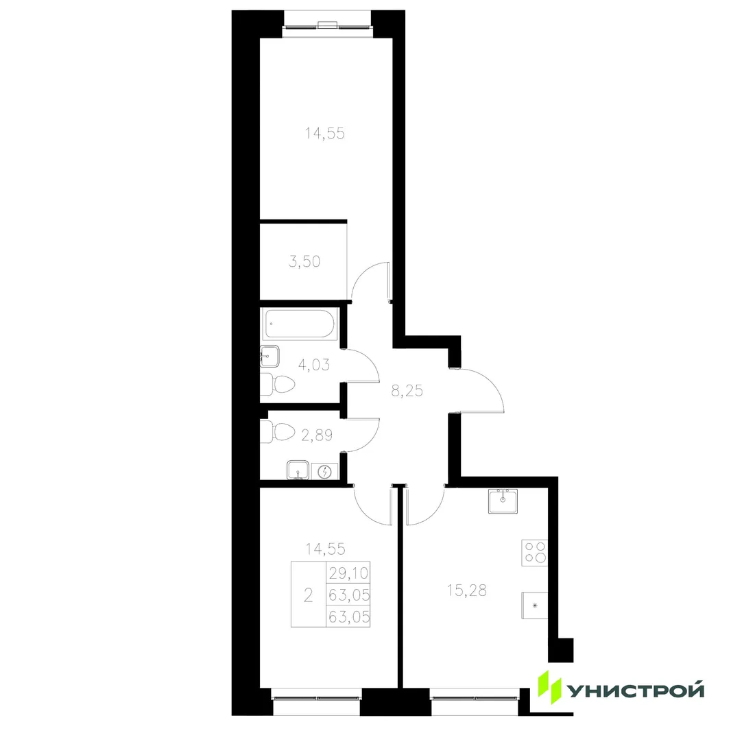 Планировка 2-комн. квартира, 63.05 м² ЖК «Statum»