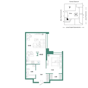 Планировка 2-комн. квартира, 49.03 м² ЖК «Микрорайон Домашний»