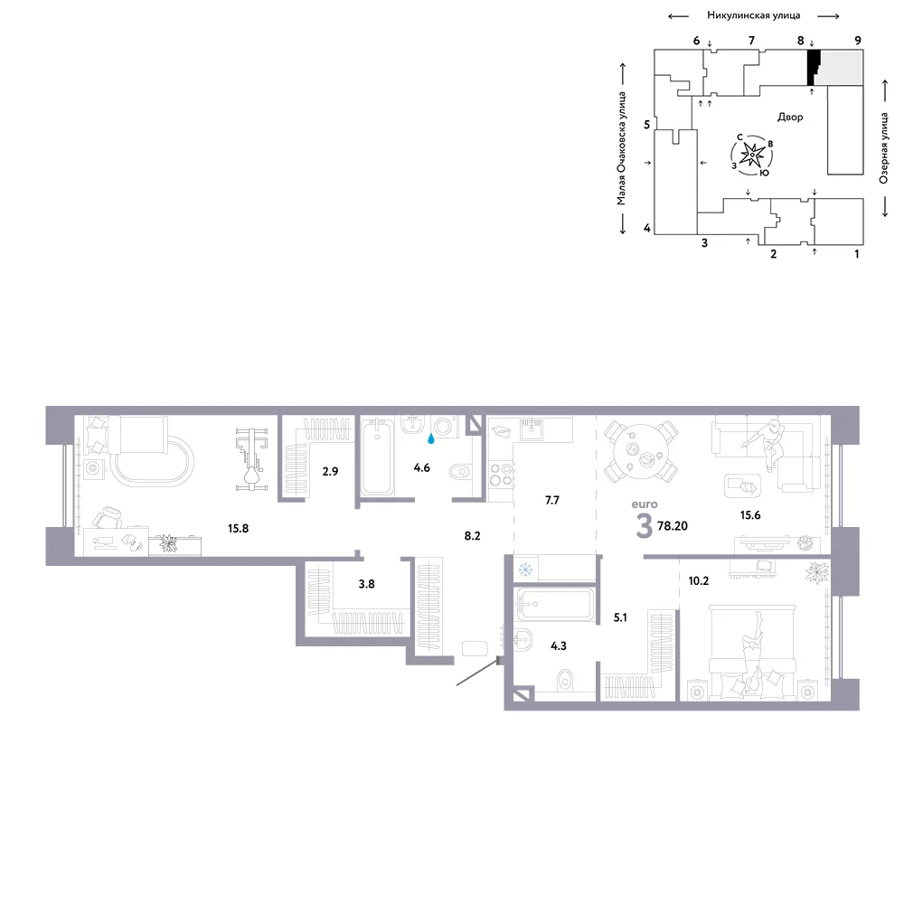 Планировка 3-комн. квартира, 78.2 м² ЖК «Страна.Озёрная»