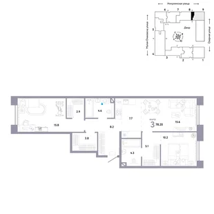 Планировка 3-комн. квартира, 78.2 м² ЖК «Страна.Озёрная»