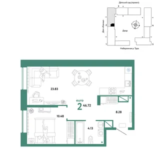 Планировка 2-комн. квартира, 46.72 м² ЖК «Европейский берег 2.0»