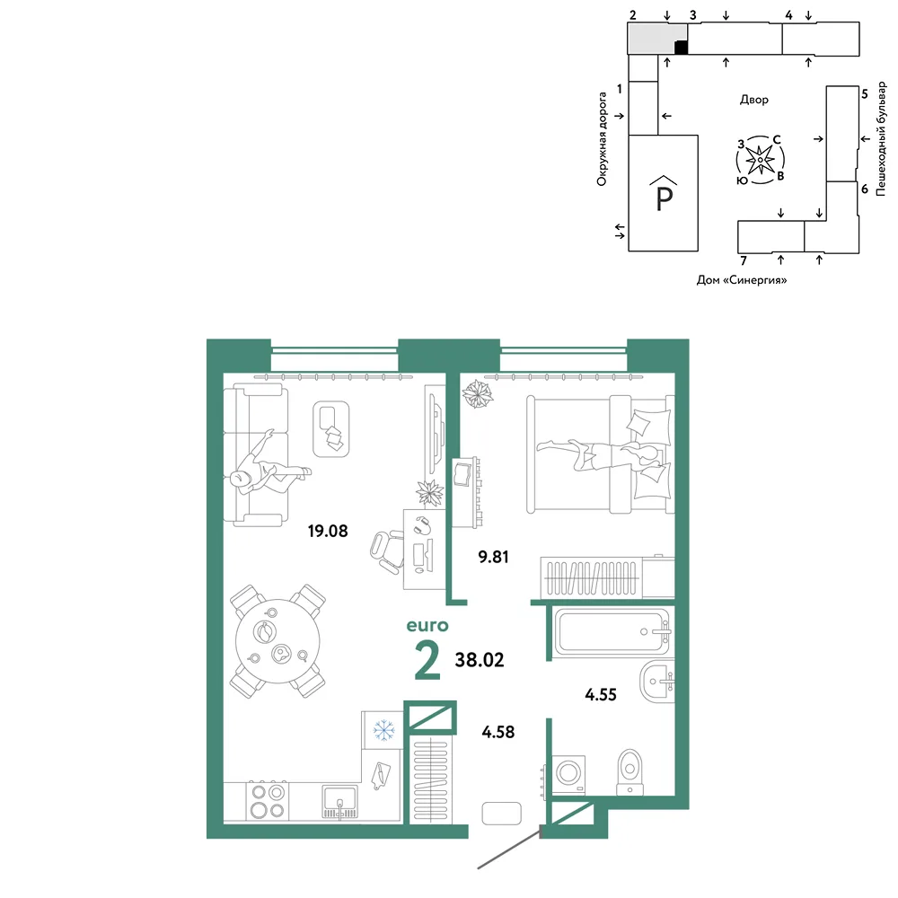 Планировка 2-комн. квартира, 38.02 м² ЖК «Юнион»