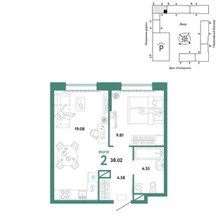 Планировка 2-комн. квартира, 38.02 м² ЖК «Юнион»