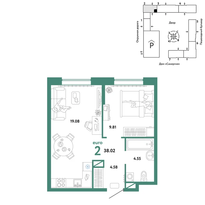 Планировка 2-комн. квартира, 38.02 м² ЖК «Юнион» Планировка 2-комн. квартира, 38.02 м² ЖК «Юнион»