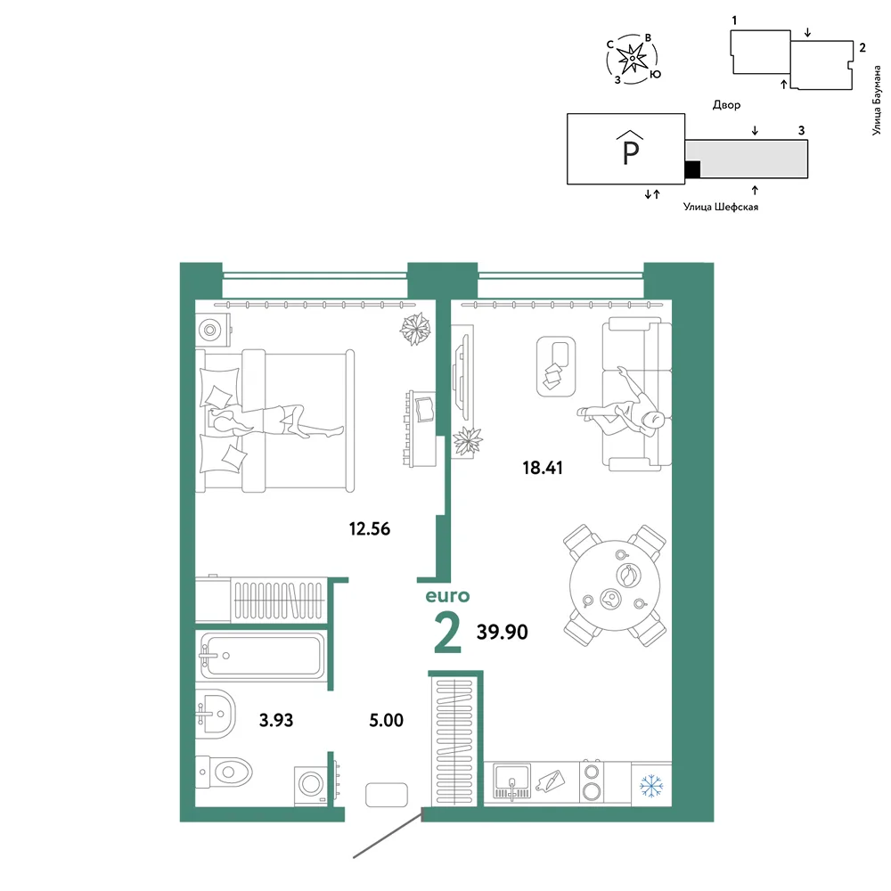 Планировка 2-комн. квартира, 39.9 м² ЖК «Страна.Энтузиастов»