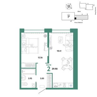 Планировка 2-комн. квартира, 39.9 м² ЖК «Страна.Энтузиастов»