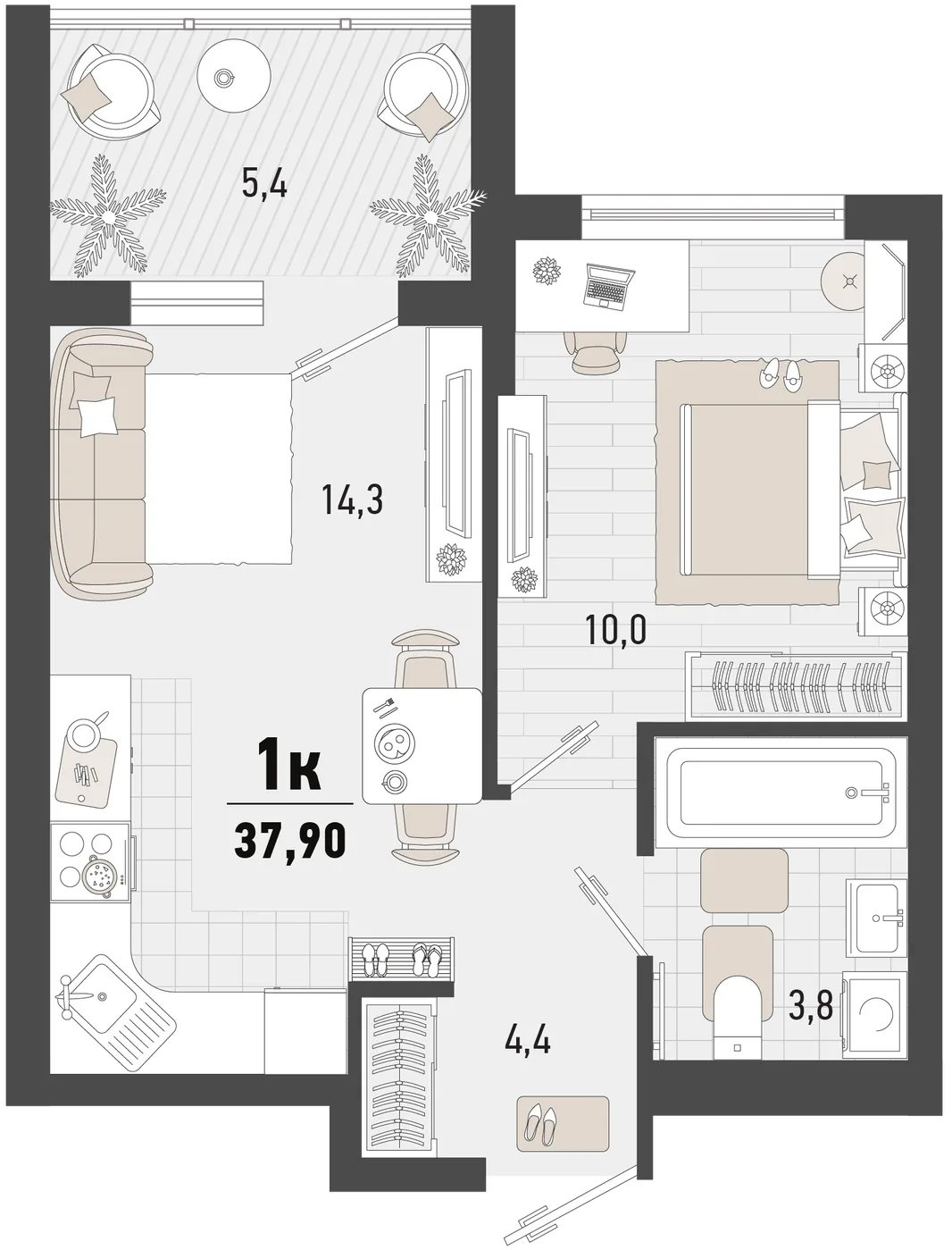 Планировка 1-комн. квартира, 37.9 м² ЖК «Барса»