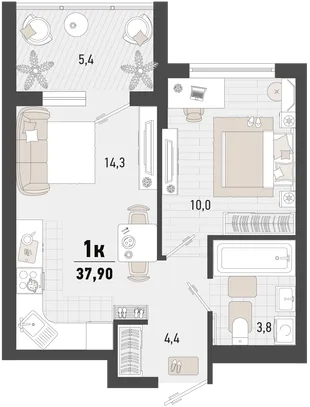 Планировка 1-комн. квартира, 37.9 м² ЖК «Барса»