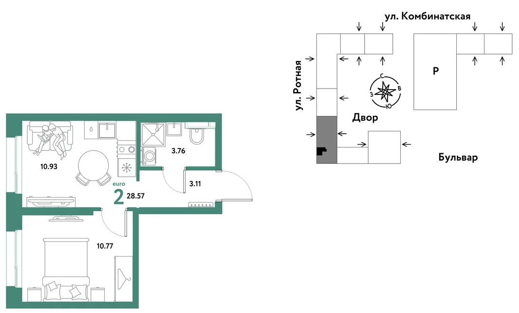 Планировка 2-комн. квартира, 28.41 м² ЖК «Уральский сад»