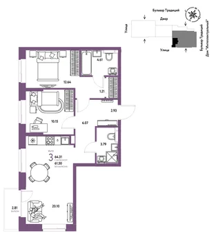 Планировка 3-комн. квартира, 64.31 м² ЖК «Микрорайон Домашний»