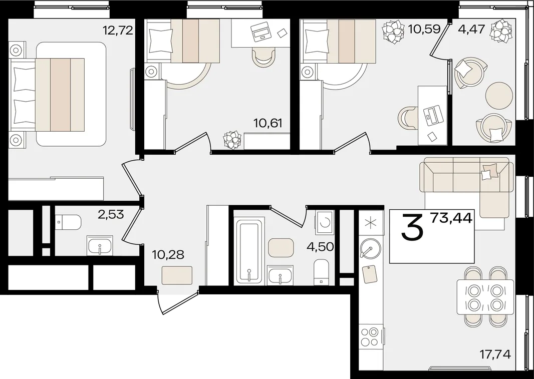 Планировка 3-комн. квартира, 73.44 м² ЖК «Патрики»