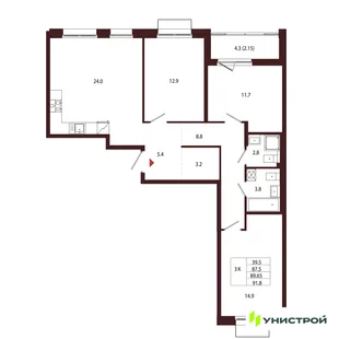 Планировка 3-комн. квартира, 89.65 м² ЖК «Лисино»