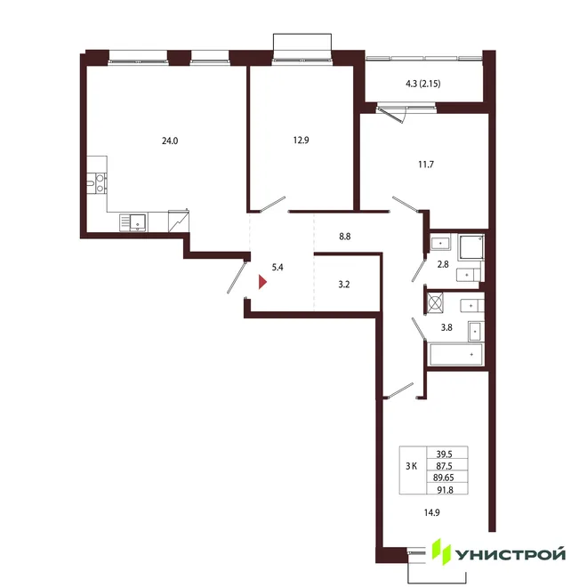 Планировка 3-комн. квартира, 89.65 м² ЖК «Лисино» Планировка 3-комн. квартира, 89.65 м² ЖК «Лисино»