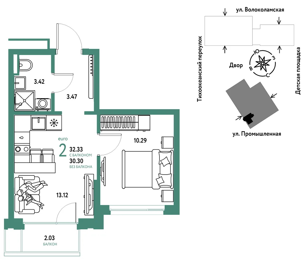 Планировка 2-комн. квартира, 32.33 м² ЖК «Страна Прибрежная»