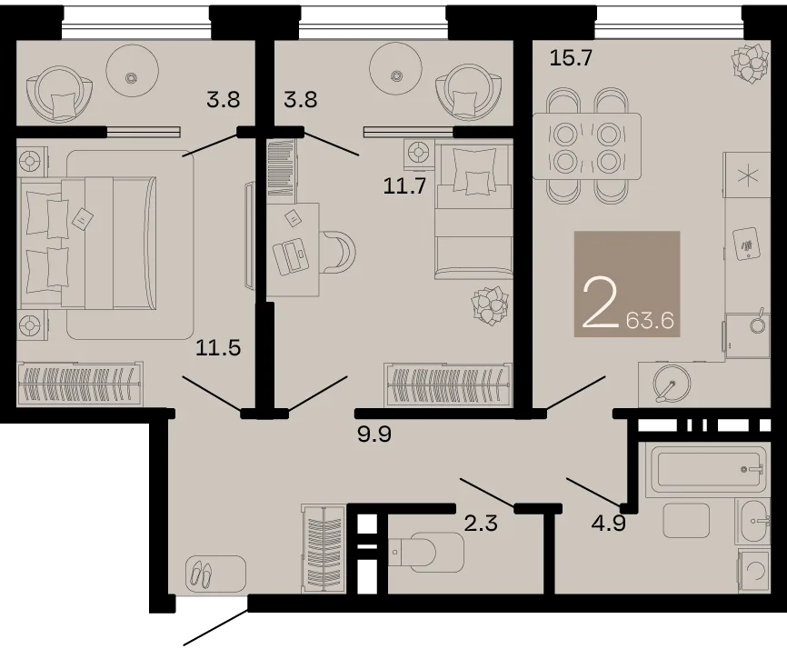 Планировка 2-комн. квартира, 63.6 м² ЖК «Хозяин морей»