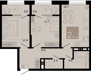 Планировка 2-комн. квартира, 63.6 м² ЖК «Хозяин морей»