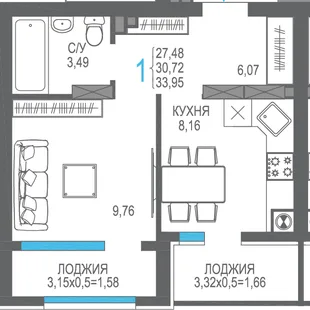 Планировка 1-комн. квартира, 30.72 м² ЖК «На Фонтанке»