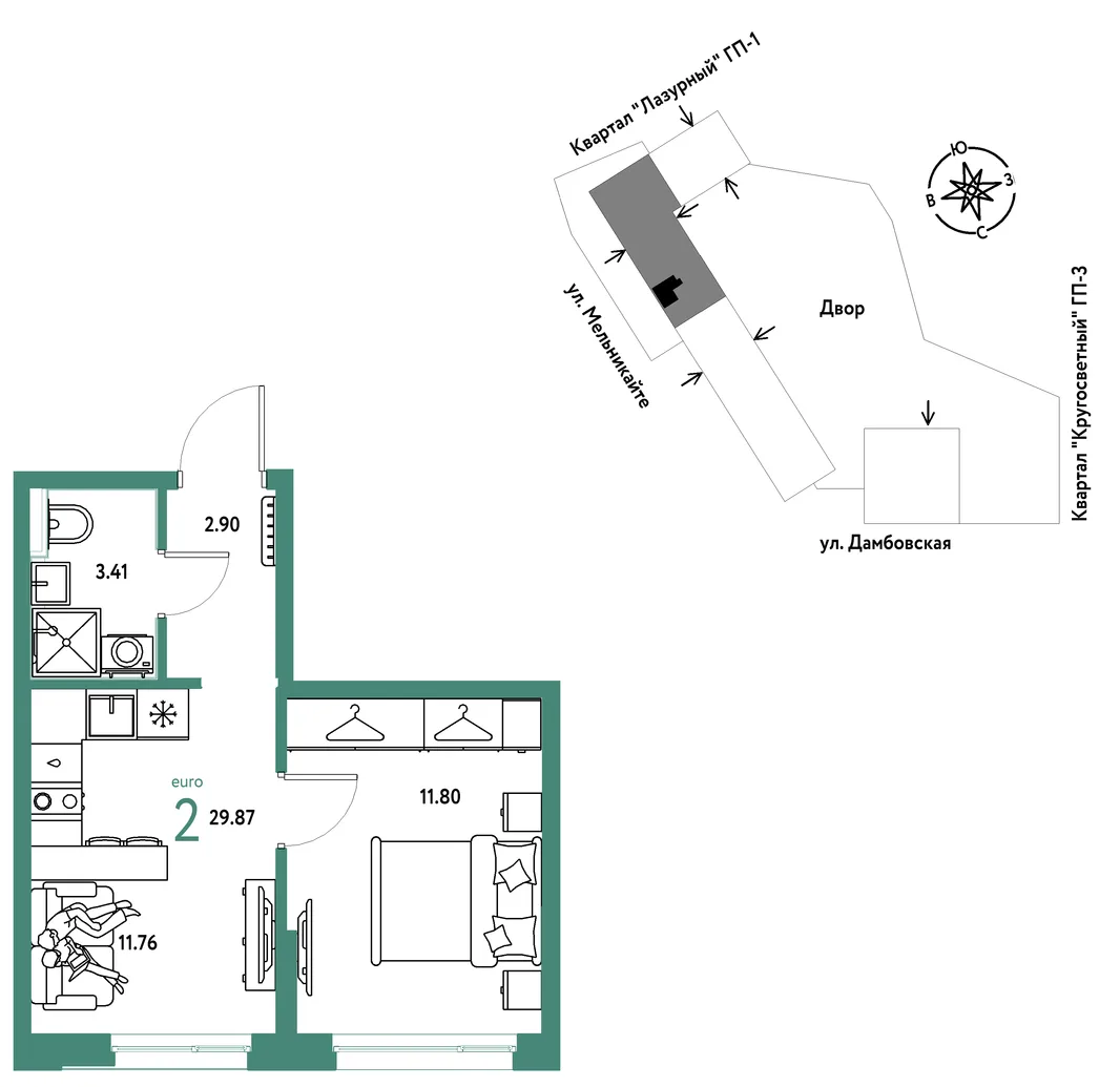 Планировка 2-комн. квартира, 29.87 м² ЖК «Страна Прибрежная»