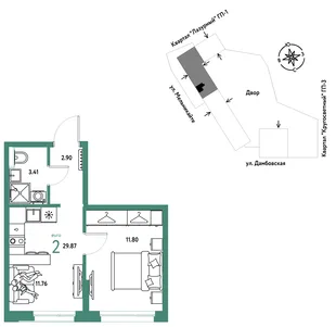 Планировка 2-комн. квартира, 29.87 м² ЖК «Страна Прибрежная»