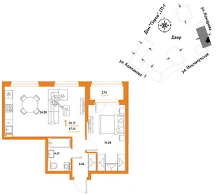 Планировка 1-комн. квартира, 50.17 м² ЖК «Страна.Парковая»