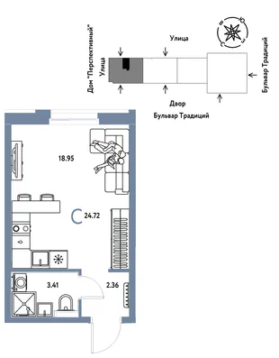 Планировка Студия, 24.72 м² ЖК «Микрорайон Домашний»