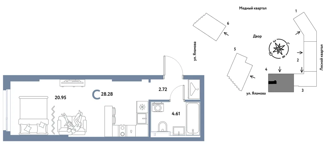 Планировка Студия, 28.28 м² ЖК «Сибирский сад»