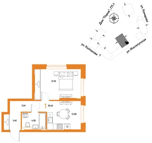 Планировка 1-комн. квартира, 39.63 м² ЖК «Страна.Парковая»