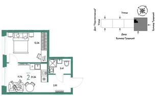 Планировка 2-комн. квартира, 31.34 м² ЖК «Микрорайон Домашний»