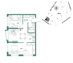 Планировка 2-комн. квартира, 60.16 м² ЖК «Страна.Парковая»