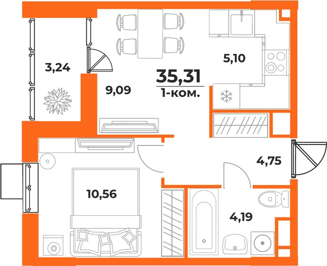 Планировка 2-комн. квартира, 35.31 м² ЖК «Живописный сад» Планировка 2-комн. квартира, 35.31 м² ЖК «Живописный сад»
