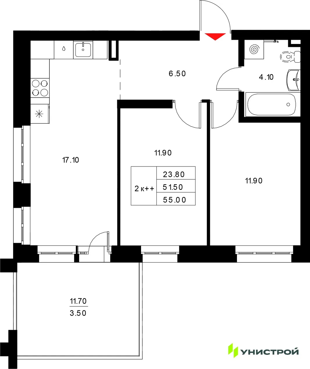 Планировка 2-комн. квартира, 55 м² ЖК «Уникод на Технической»