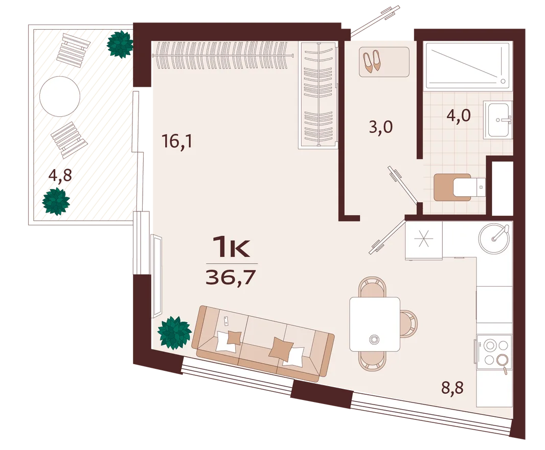Планировка 1-комн. квартира, 36.7 м² ЖК «Роялта»
