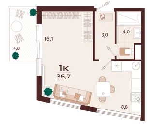 Планировка 1-комн. квартира, 36.7 м² ЖК «Роялта»
