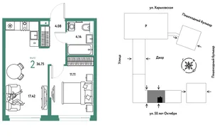 Планировка 2-комн. квартира, 36.75 м² ЖК «Сердце Сибири»